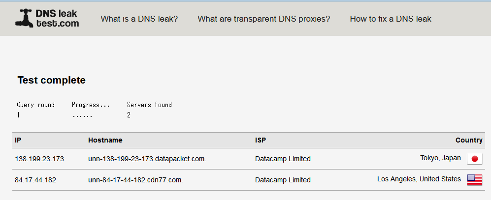 DNS leaktest.comの結果